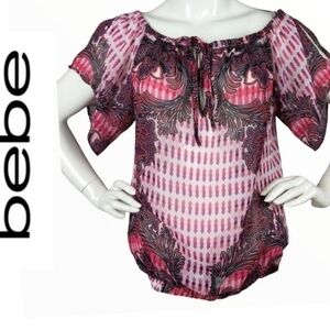 BEBE Sheer Floral Cold Shoulder‎ Blouse Pink Paisley Y2K Boho Top